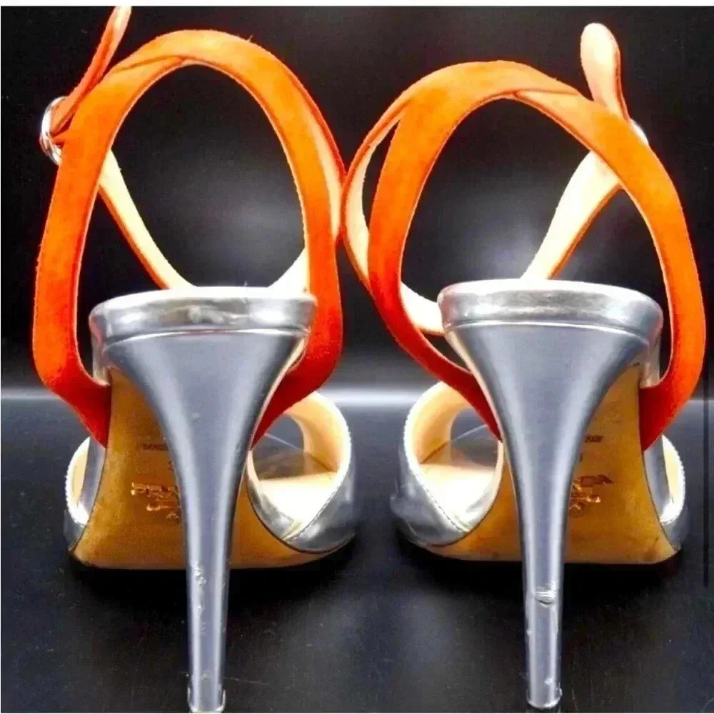 Prada Silver & Orange Leather & Suede ankle strap heels size 38 Great condition - Picture 7 of 11